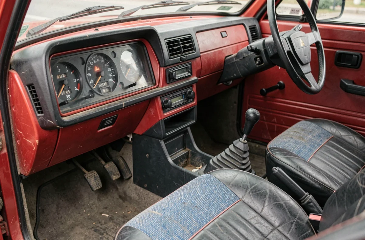 Intérieur authentique d'un Lada Niva 4x4 rouge avec tableau de bord vintage, levier de transfert 4x4 et sièges en vinyle usés