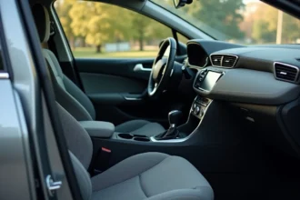 Intérieur d'une Peugeot 308 d'occasion avec usure visible sur le volant et tableau de bord à inspecter avant achat