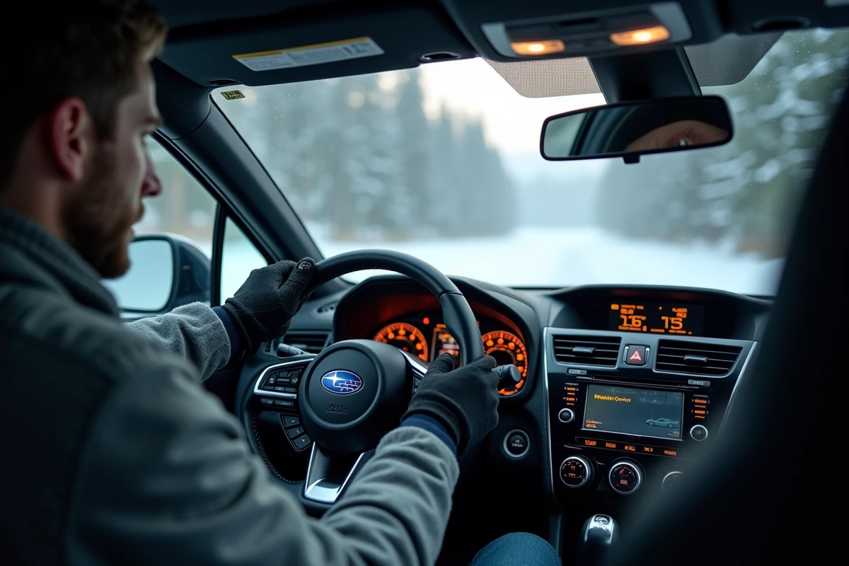 Conducteur en veste thermique au volant d'une Subaru WRX en hiver, tableau de bord allumé et vitre givrée
