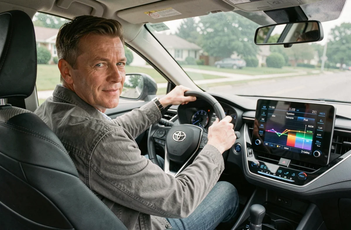 Conducteur au volant d'une Toyota Corolla hybride, tableau de bord avec écran de flux d'énergie hybride visible en détail