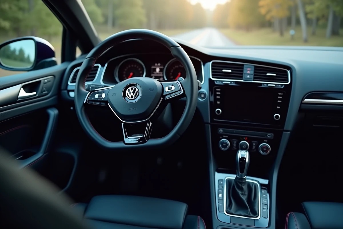 Intérieur de la Volkswagen Golf 7 R avec volant sport à méplat, coutures bleues et badge R, tableau de bord en cuir et garnitures aluminium brossé