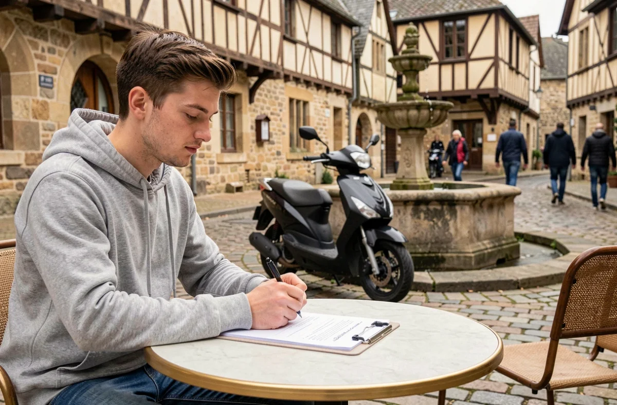 Jeune conducteur remplissant un formulaire d'assurance scooter en terrasse dans le centre historique de Vannes