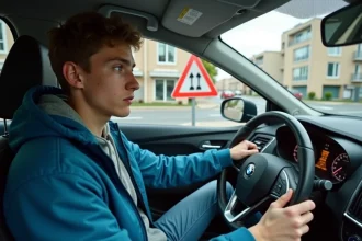 Jeune conducteur anxieux devant un panneau prioritaire