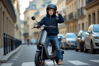Jeune garçon en scooter à Paris avec casque et veste bleue
