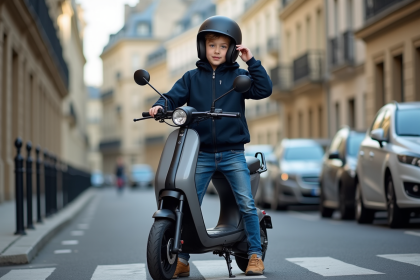 Jeune garçon en scooter à Paris avec casque et veste bleue