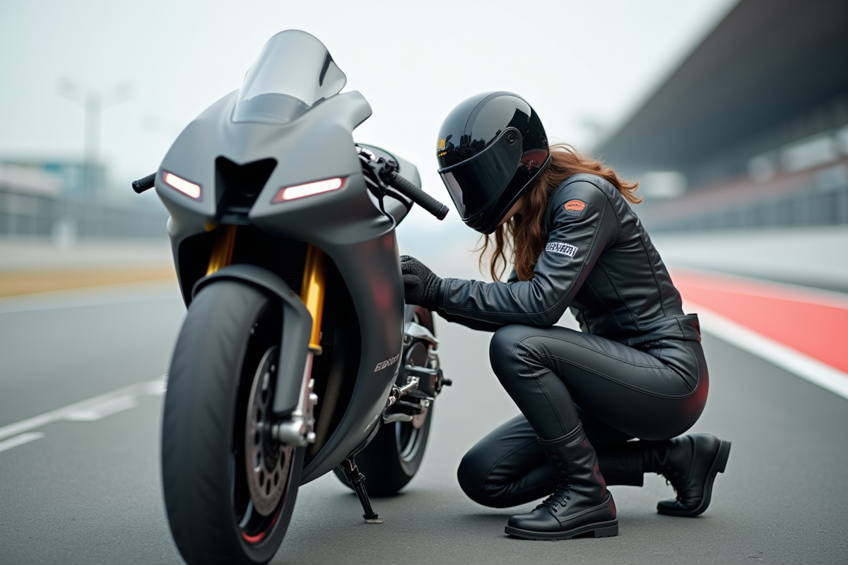 Jeune femme ingénieure examinant moto sur circuit moderne