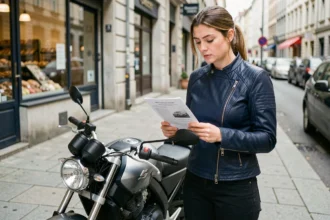 Jeune femme motarde tenant des documents d'assurance moto devant sa première moto en ville
