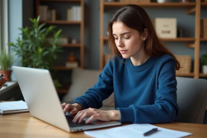 Jeune femme au bureau avec ordinateur et documents