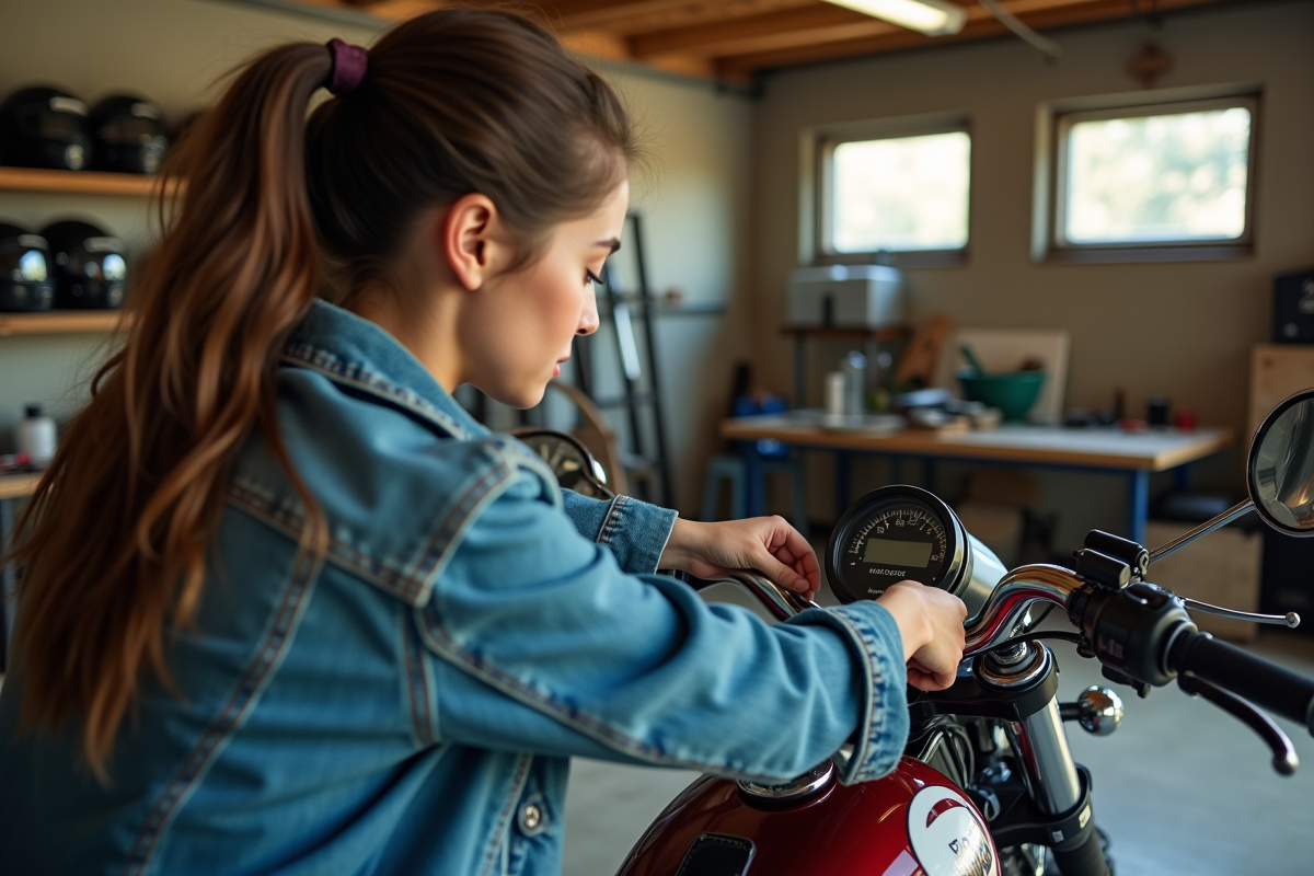 Jeune femme inspectant un compteur de moto dans un garage organisé
