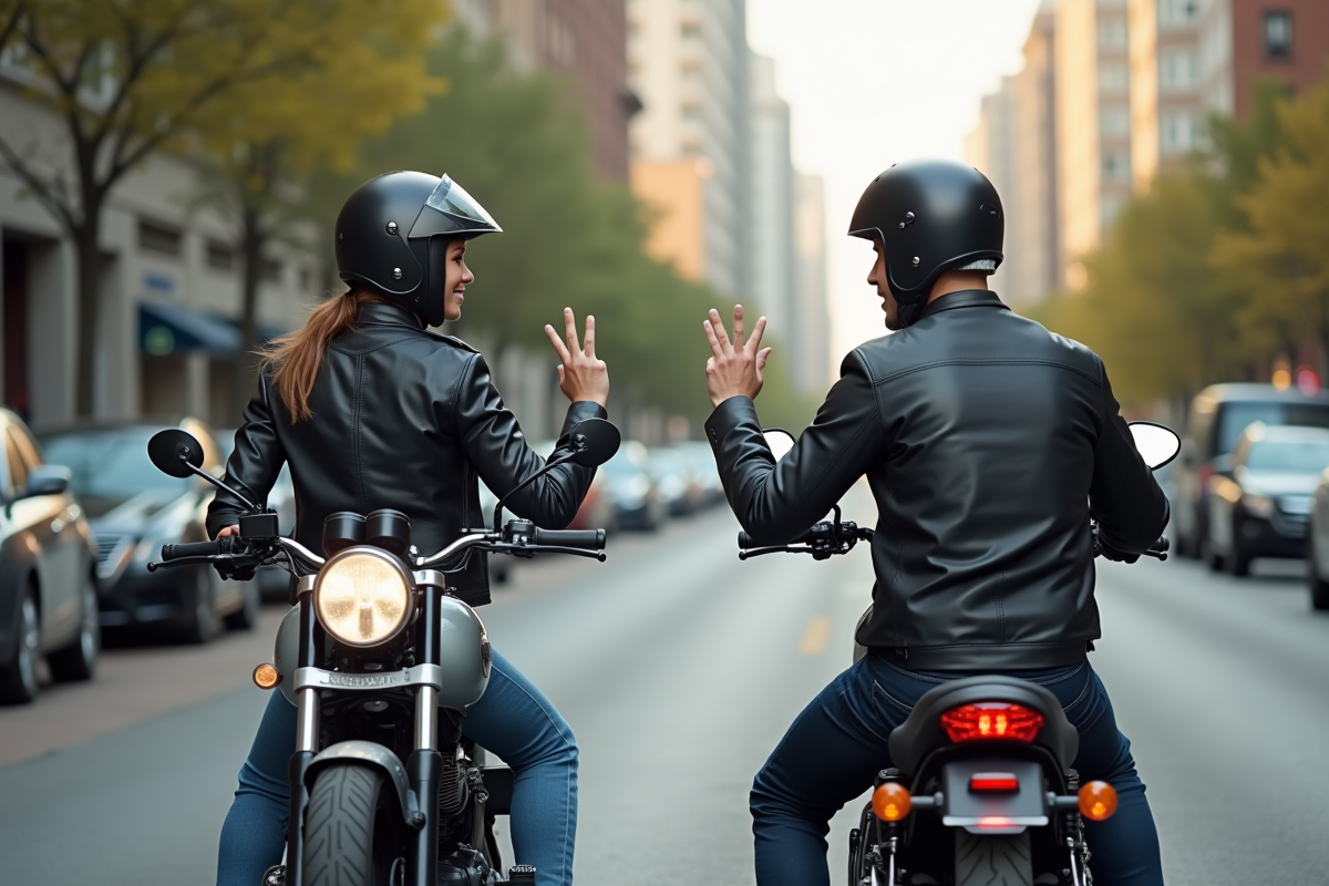 Jeune motarde saluant un autre motard en ville