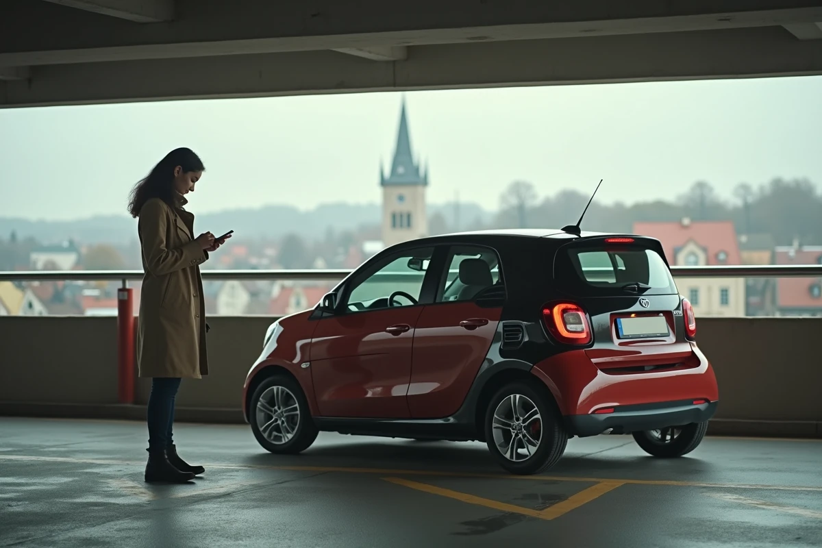 Jeune femme en trench checkant son téléphone dans le parking