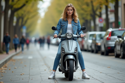 Jeune femme en denim sur scooter en ville dynamique