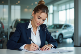 Jeune femme signant un contrat de prêt auto dans un showroom moderne