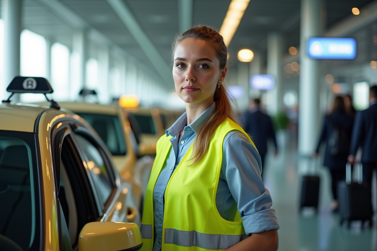 Jeune conductrice de taxi en gilet réfléchissant à l