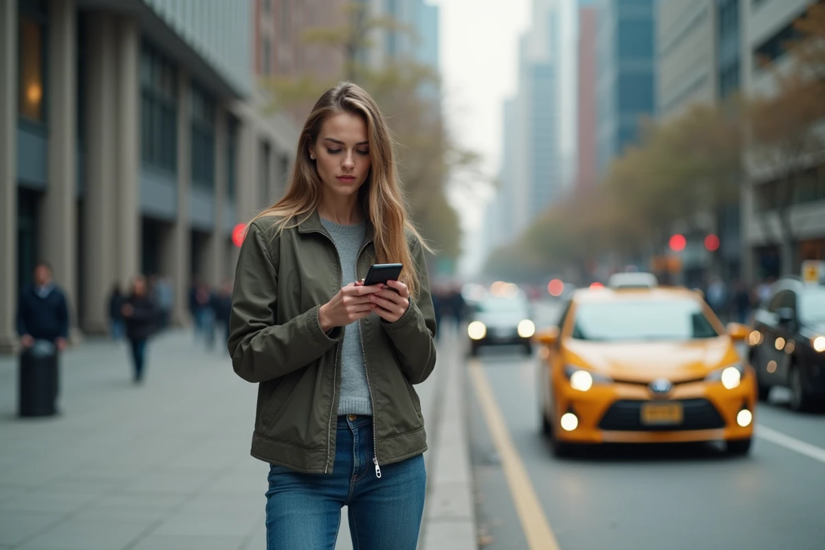 Jeune femme urbaine vérifiant son téléphone dans la rue