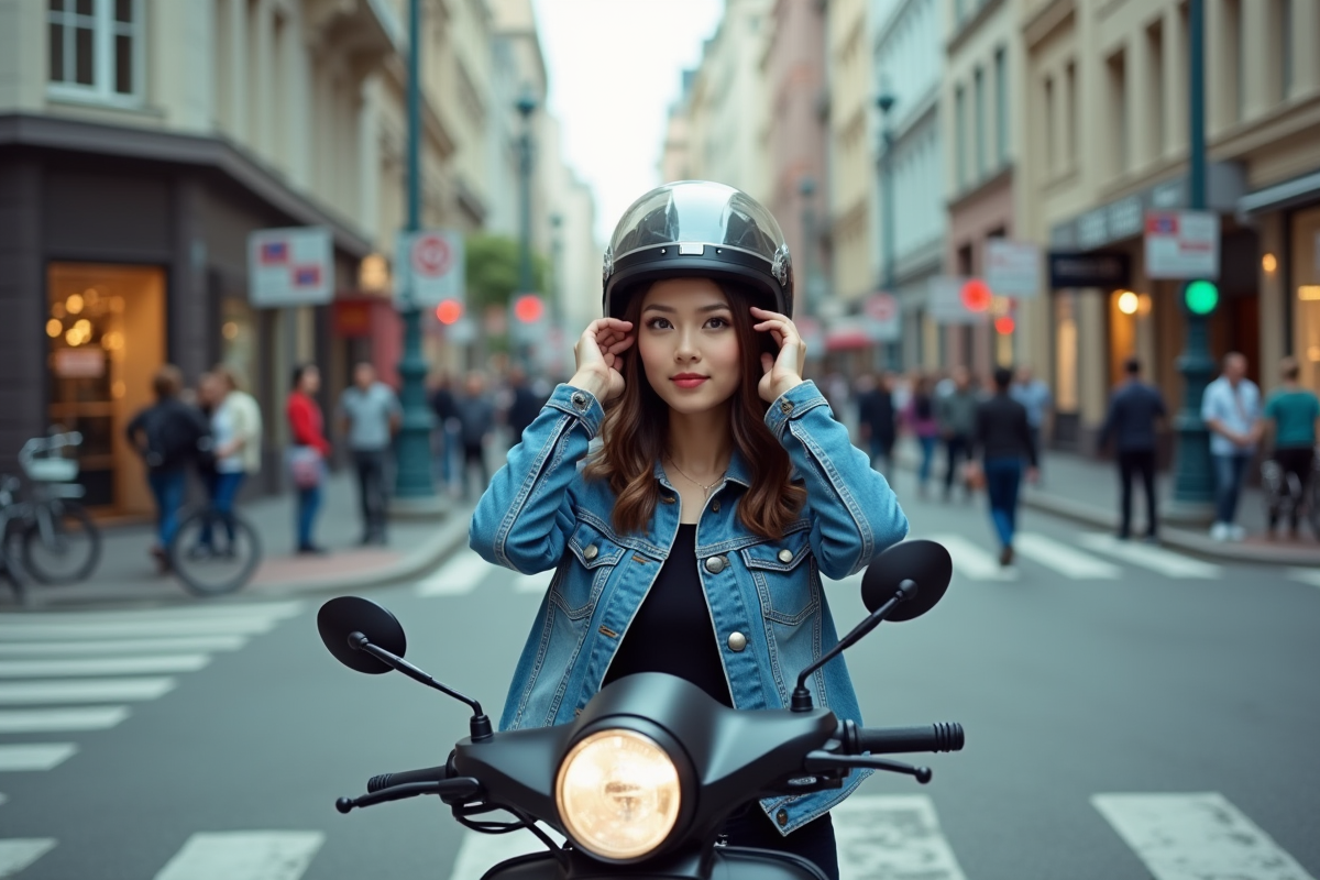 Jeune femme ajustant son casque moto à l intersection urbaine
