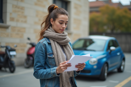 Jeune femme avec papier d'assurance voiture dans un parking urbain