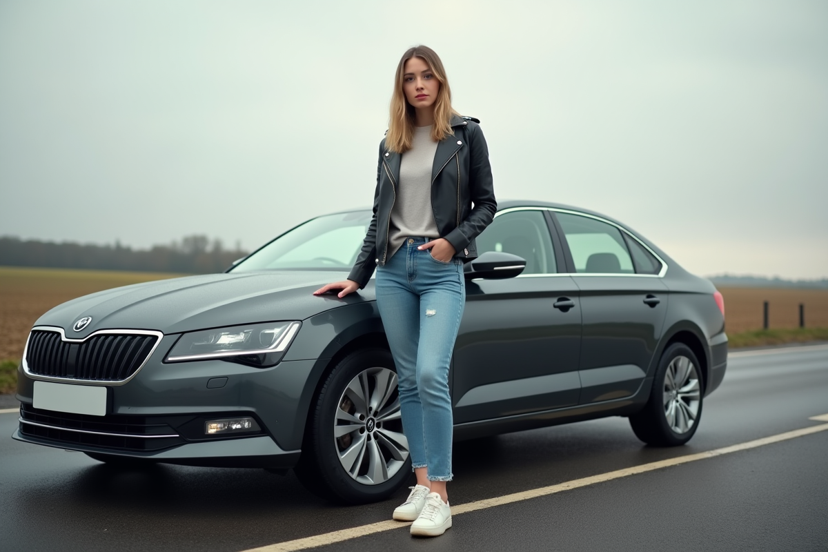 Jeune femme debout à côté de sa voiture sur la route