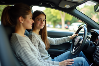 Jeune fille en apprentissage de conduite avec sa mère dans la voiture