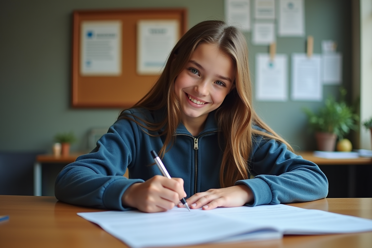 Jeune fille remplissant un formulaire de permis dans une mairie