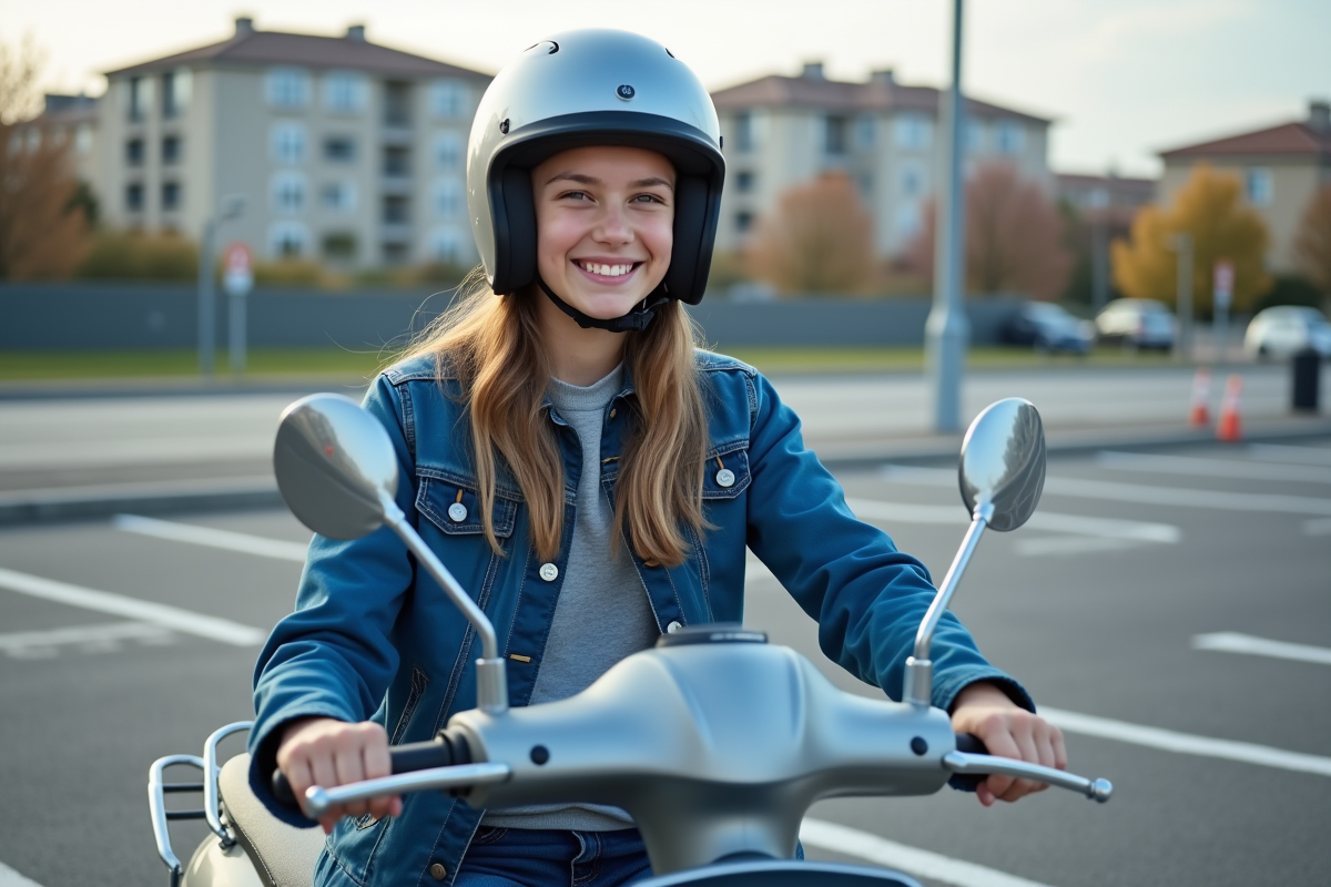 Jeune fille souriante en scooter en ville