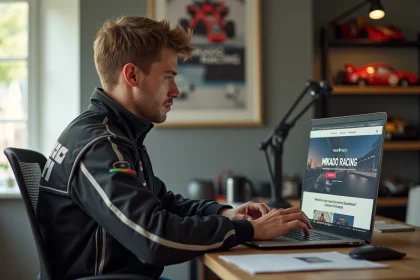 Jeune homme en veste de sport automobile au bureau