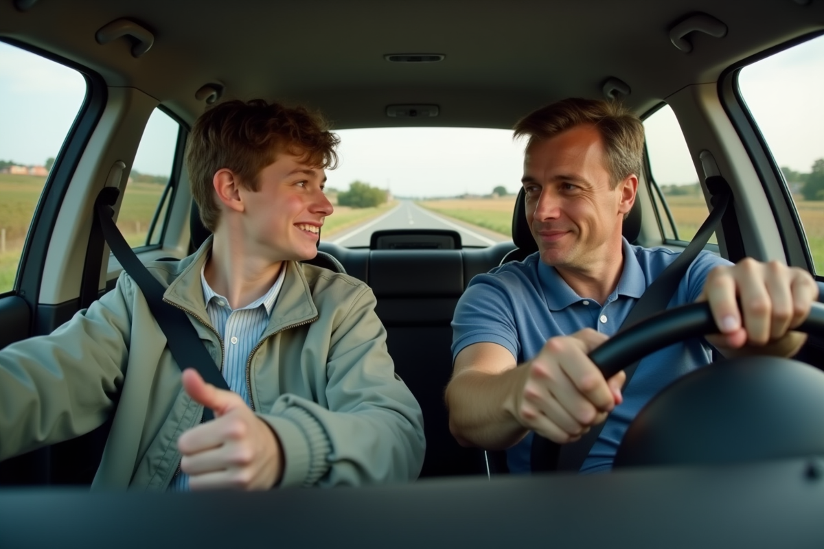 Jeune homme conduisant une voiture en campagne avec son père