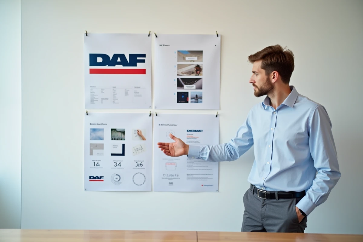 Jeune homme créatif discutant avec affichage de logo DAF