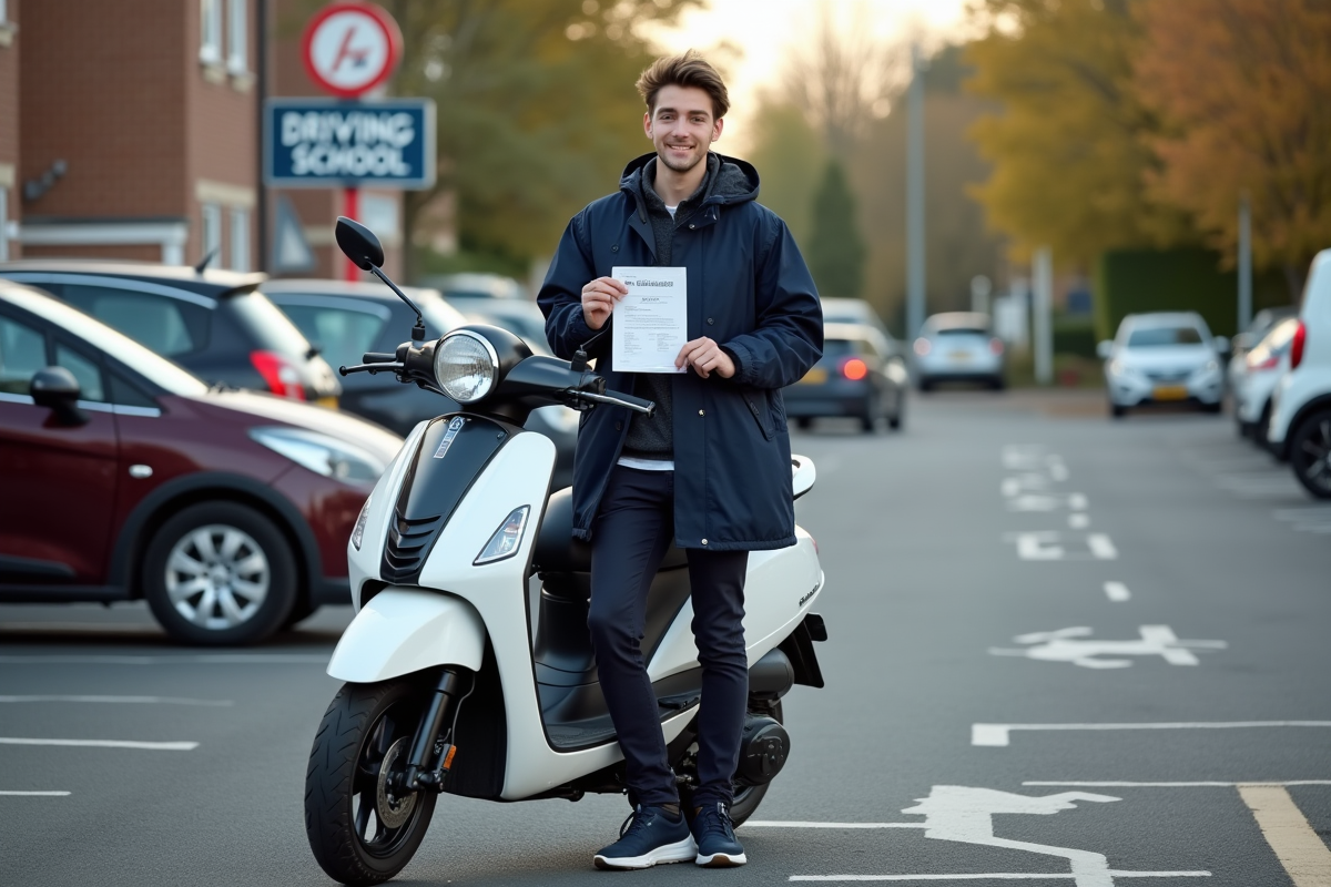 Jeune homme avec permis et scooter dans un parking