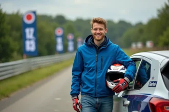 Jeune homme ajustant son casque rallye à côté d'une voiture