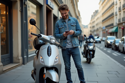 Jeune homme avec scooter à Paris en denim