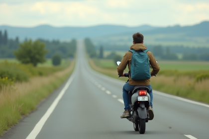 Jeune homme en scooter électrique sur route rurale