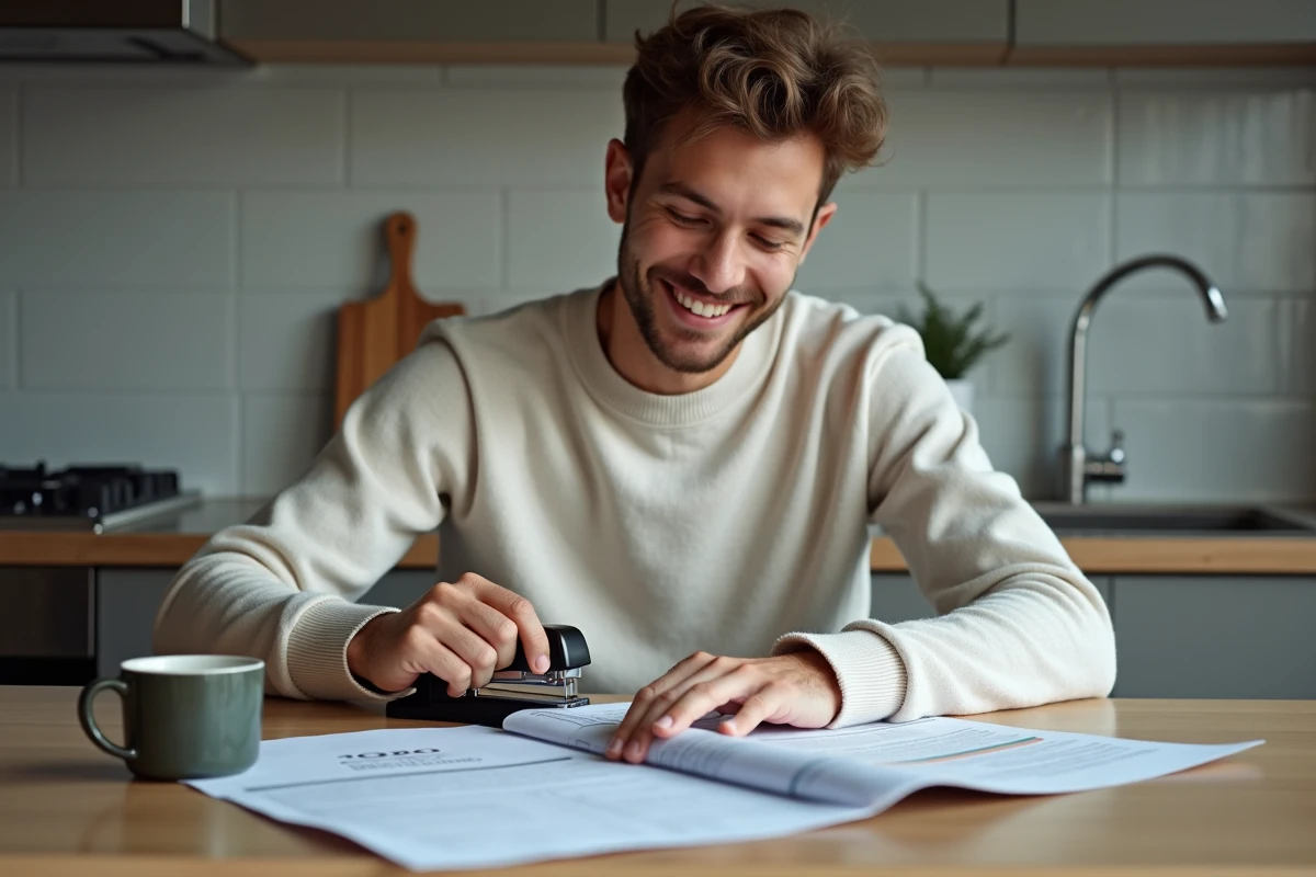 Jeune homme assemblant des pages de test de permis de conduire