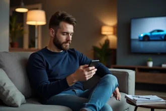 Jeune homme utilise une application musicale dans un salon moderne