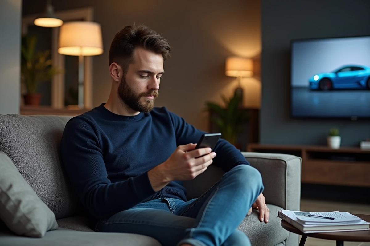 Jeune homme utilise une application musicale dans un salon moderne