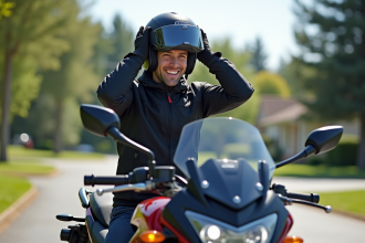 Jeune motard ajustant son casque devant sa moto en journée en banlieue