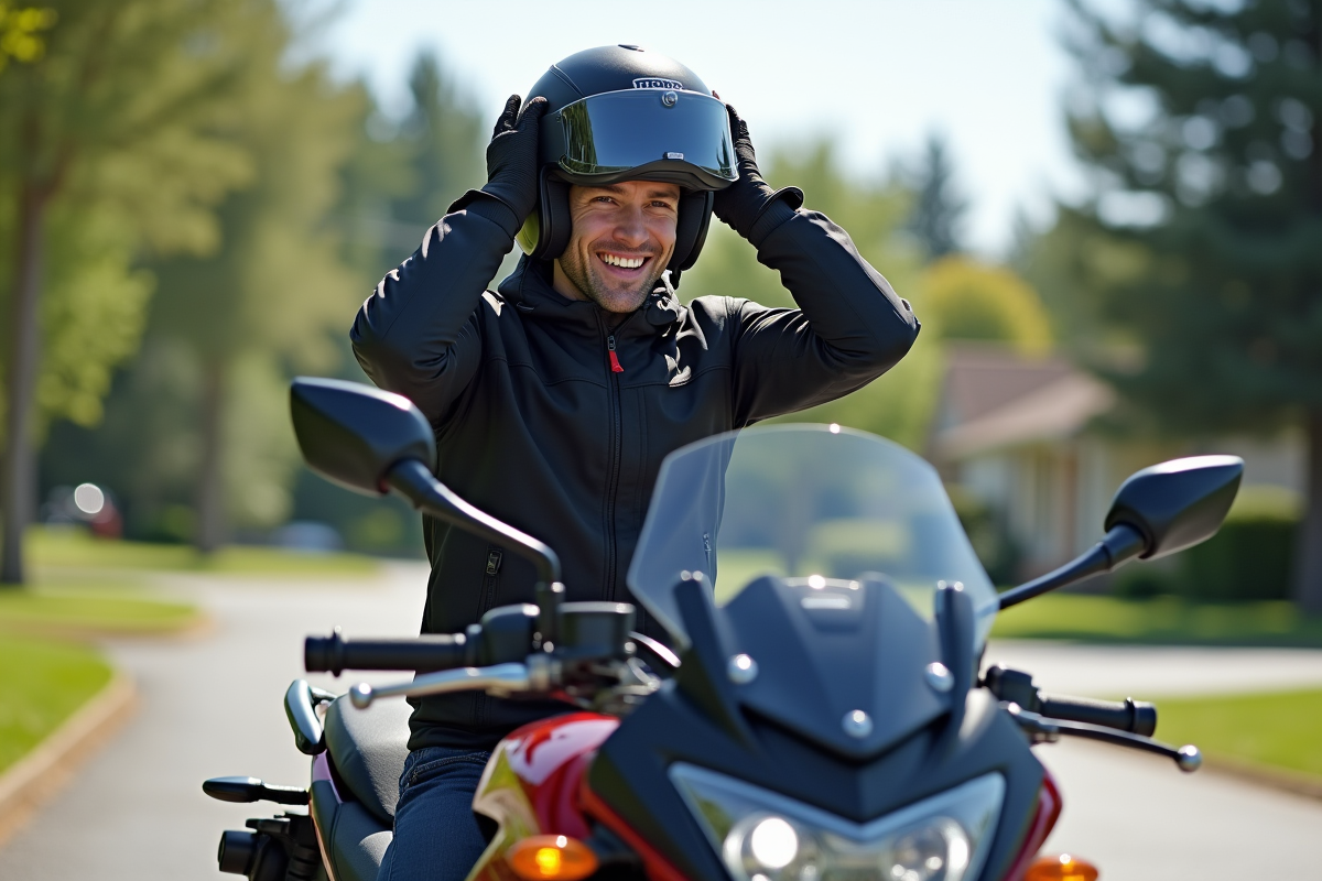 Jeune motard ajustant son casque devant sa moto en journée en banlieue