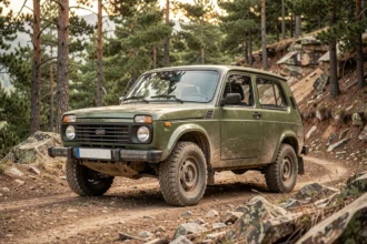 Lada Niva 4x4 garée sur un chemin de montagne rocailleux entourée de forêt de pins, vue trois quarts avant