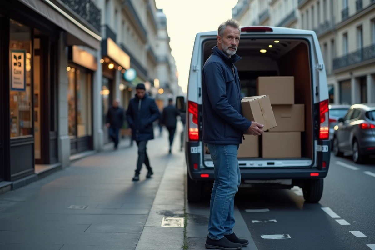 Livreur à Paris décharge colis sur trottoir au crépuscule