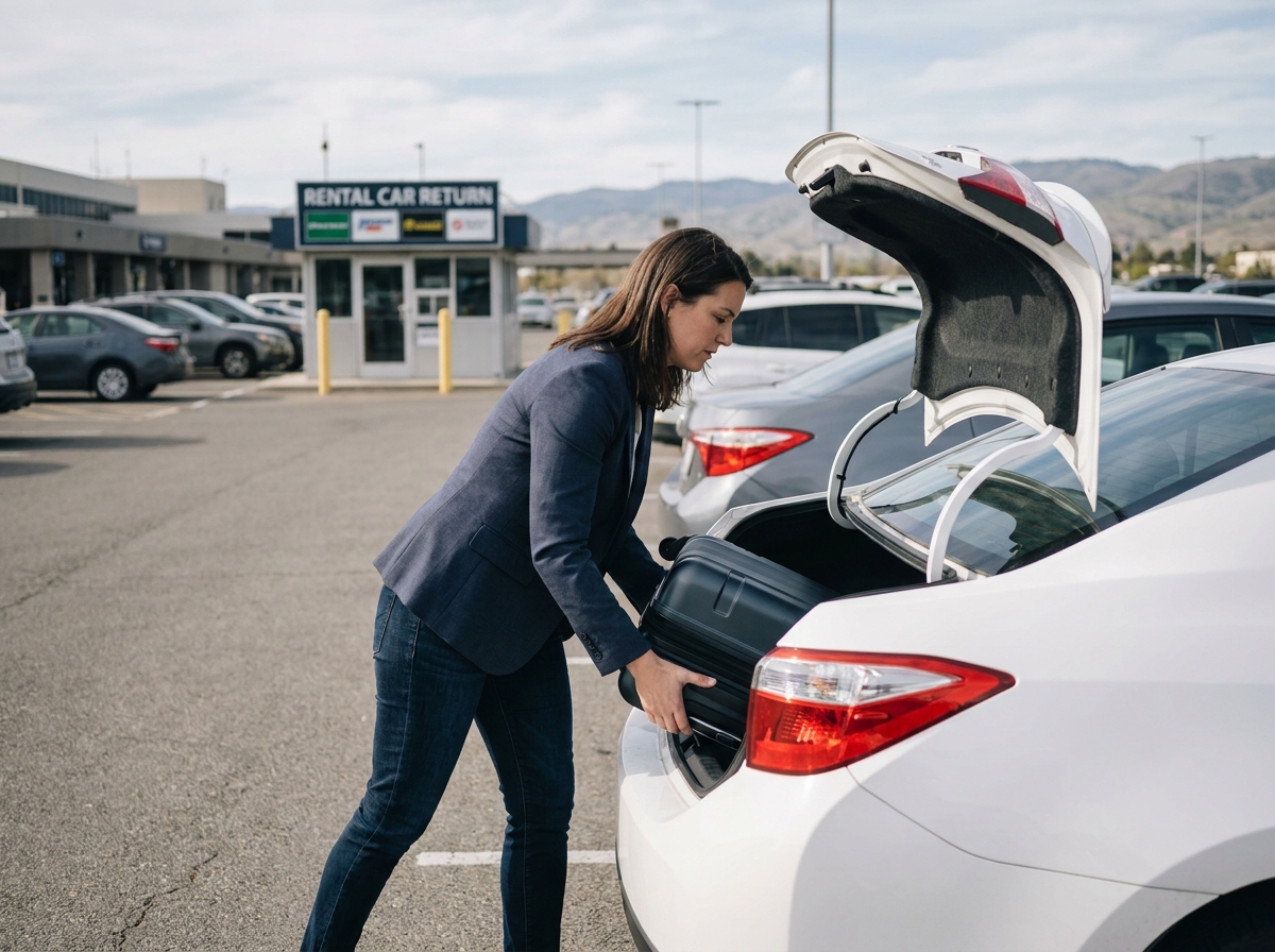 Femme chargeant ses bagages dans une voiture de location à l'aéroport pour un trajet en aller simple