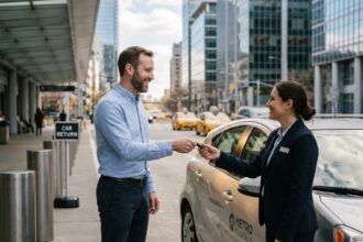Homme rendant les clés d'une voiture de location en aller simple à une agente dans une zone de retour urbaine