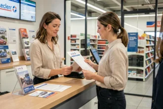 Femme en train de signer un contrat de location de voiture au comptoir Leclerc