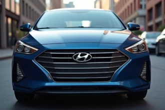Gros plan sur le logo H chromé de Hyundai sur la calandre d'un véhicule bleu métallique en milieu urbain
