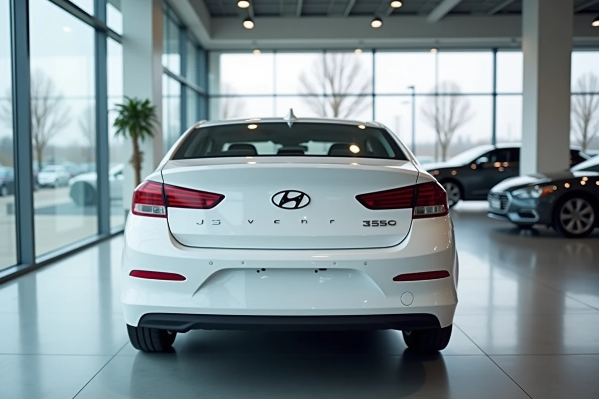 Logo Hyundai sur le coffre d'une berline blanche dans un showroom contemporain avec sol en béton poli