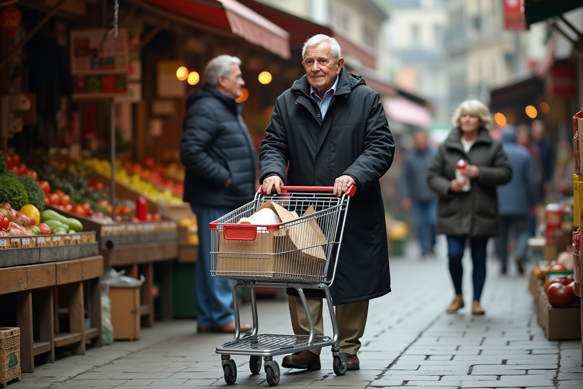 Homme âgé pousse chariot de courses au marché animé