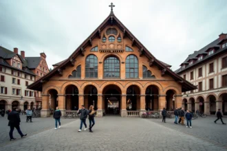 Vue extérieure du marché couvert de Colmar avec façade alsacienne et pavés