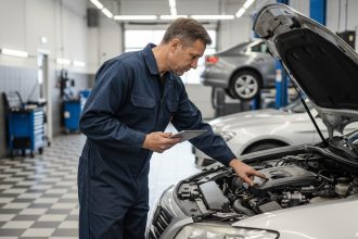 Mécanicien inspectant un moteur dans un garage moderne