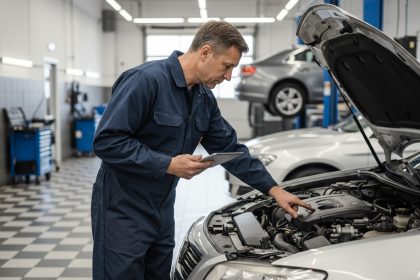 Mécanicien inspectant un moteur dans un garage moderne