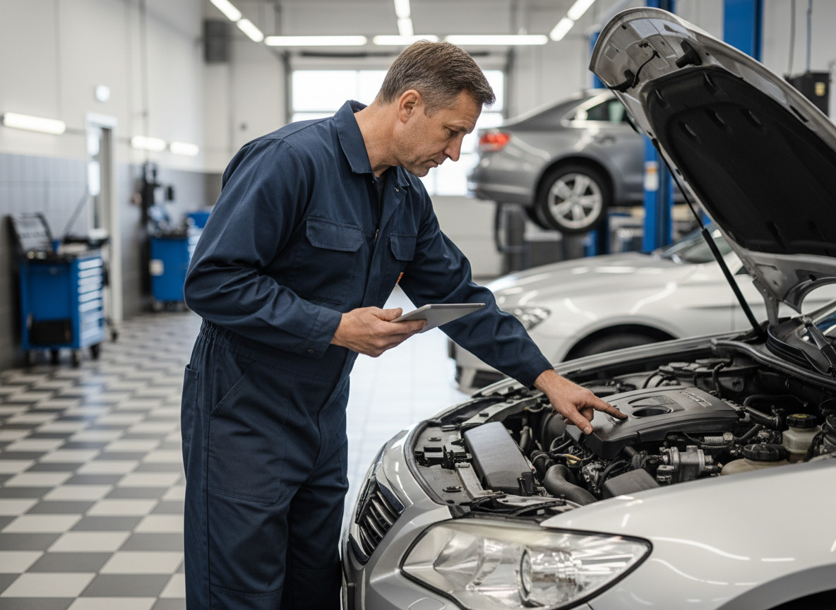 Mécanicien inspectant un moteur dans un garage moderne