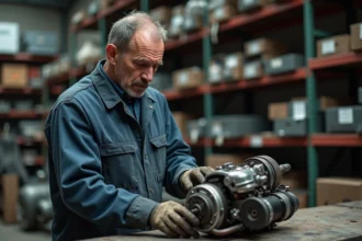 Mécanicien inspectant une pièce de moto usagée dans une casse moto française